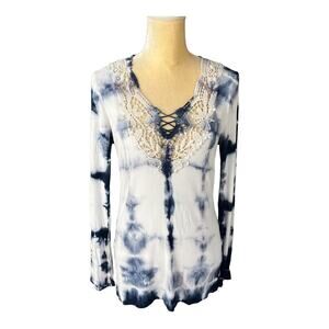 T Party Ribbed Tie Dye Ombre Long Sleeve Shirt Lace Detail Y2K 90s Size Large